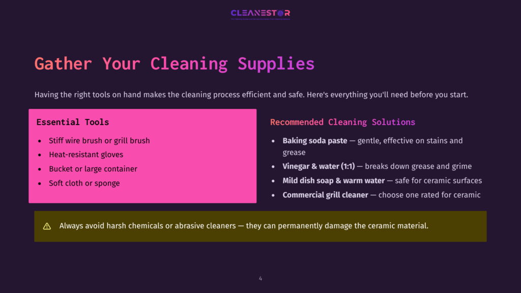 A Dark Background With The Title &Quot;Gather Your Cleaning Supplies&Quot; In Large White And Purple Text. Essential Tools And Recommended Cleaning Solutions Are Listed In Bullet Points.