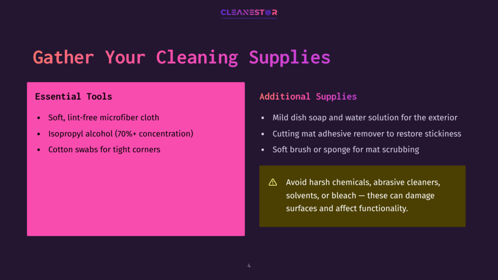 4 Gather Your Cleaning Supplies 13 Slide Titled &Quot;Gather Your Cleaning Supplies&Quot; Lists Essential Tools: Soft Microfiber Cloths, Isopropyl Alcohol, And Cotton Swabs. Additional Supplies Include Dish Soap, Adhesive Remover, And Soft Brush. A Warning Advises Against Harsh Chemicals.