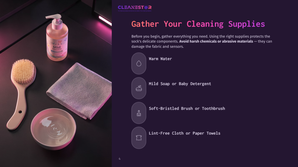A Bottle Of Cleaning Solution, A Bowl Of Warm Water, A Soft-Bristled Brush, A Microfiber Cloth, And A Sponge, All On A Dark Background.