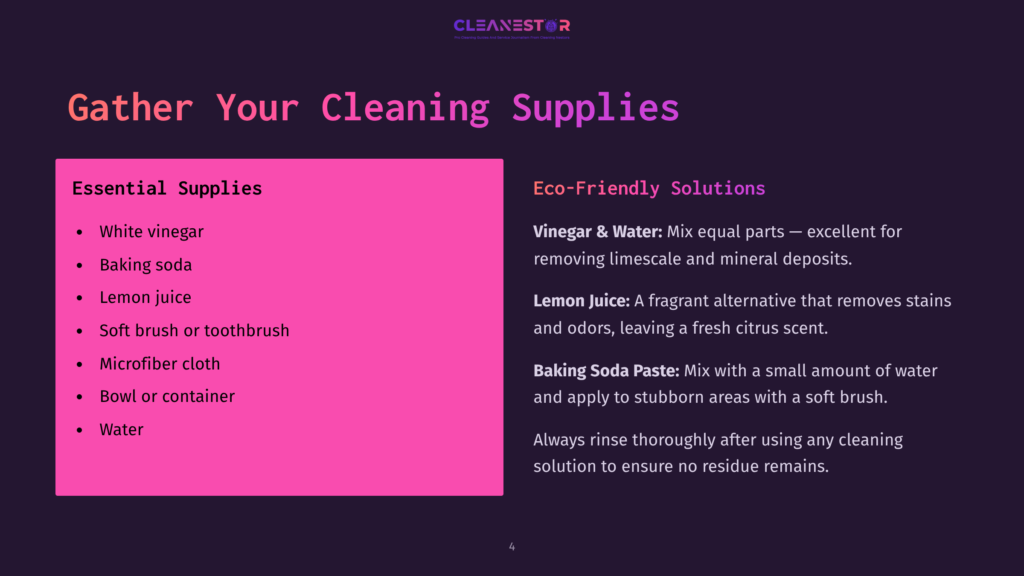 Colorful Infographic Listing Essential Cleaning Supplies Like Vinegar, Lemon Juice, And Baking Soda, With Instructions For Eco-Friendly Solutions.