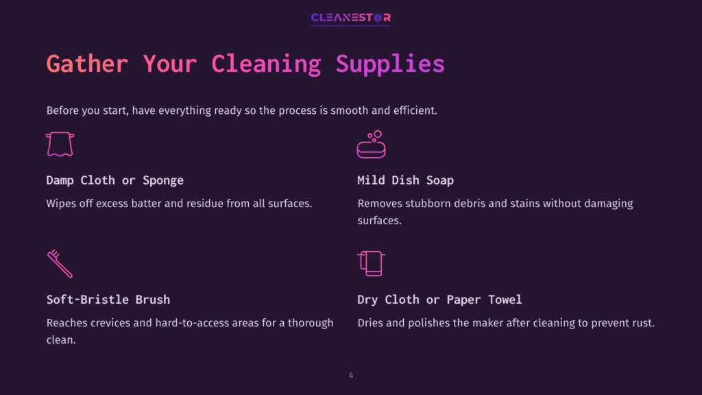 Supplies For Cleaning A Waffle Cone Maker: Damp Cloth, Mild Dish Soap, Soft-Bristled Brush, And Dry Cloth Or Paper Towel.