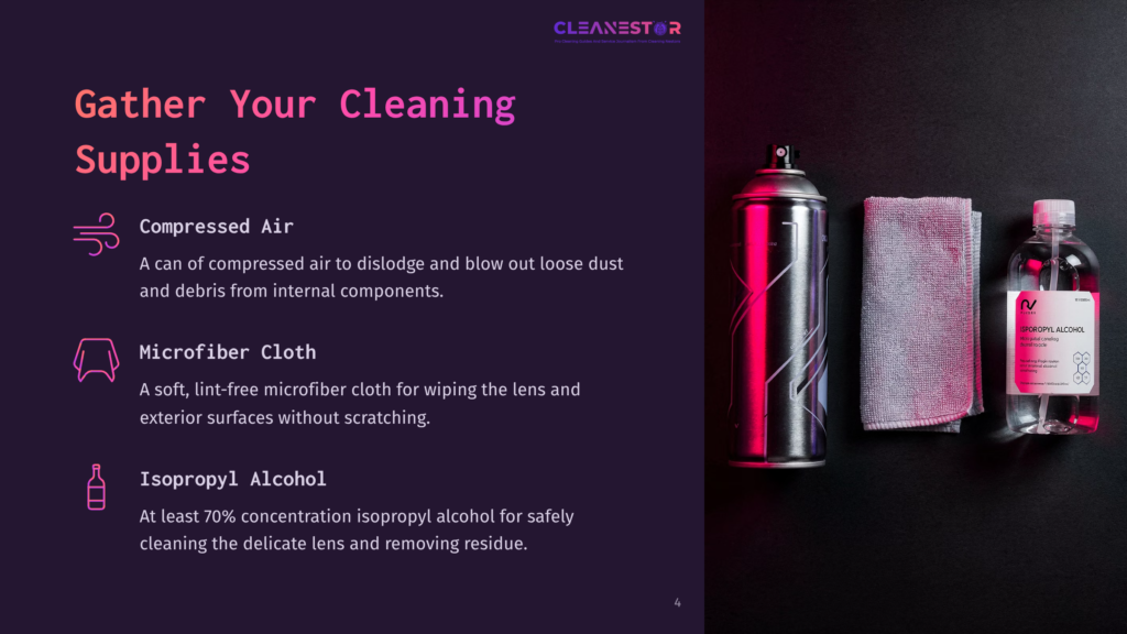 4 Gather Your Cleaning Supplies 5 A Can Of Compressed Air, A Purple Microfiber Cloth, And A Bottle Of Isopropyl Alcohol Arranged On A Dark Background.