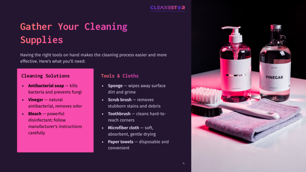 Pink-Bottled Cleaning Solutions, A White Scrub Brush, And A Gray Microfiber Cloth Are Artfully Arranged On A White Surface, With A Bottle Of Vinegar In The Background. Text Overlay Reads: &Quot;Cleanestar&Quot;, &Quot;Gather Your Cleaning Supplies&Quot;.