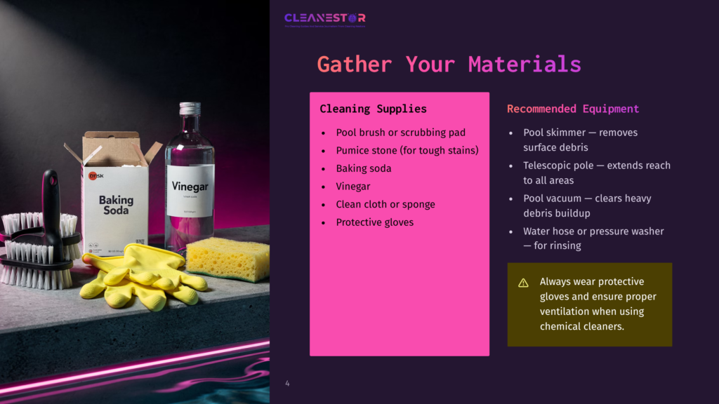 A Collection Of Cleaning Supplies, Including Baking Soda, Vinegar, And Yellow Rubber Gloves, Are Laid Out On A Dark Surface Next To Cleaning Brushes And A Yellow Sponge.