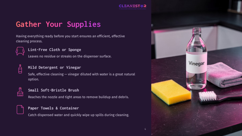 4 Gather Your Supplies 10 A Bottle Of Vinegar, A Yellow Sponge, And A Small Soft-Bristle Brush Sit On A Dark Countertop Next To A Grey Lint-Free Cloth, Ready For Cleaning.