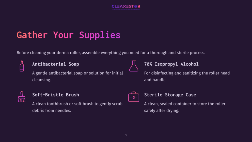 Supplies For Cleaning A Derma Roller: Antibacterial Soap, Isopropyl Alcohol, Scrub Brush, And A Sterile Storage Case. Dark Purple Background.