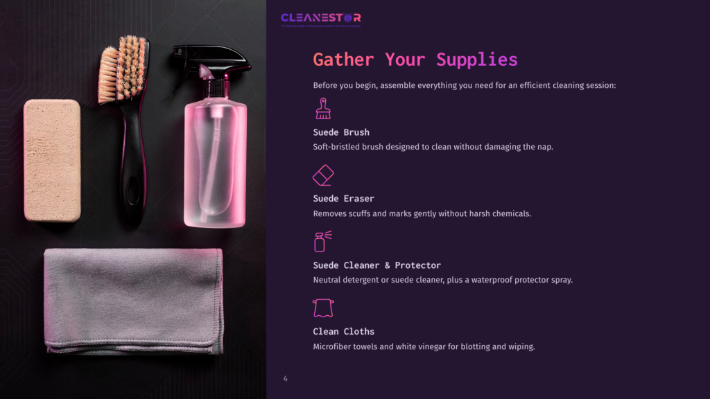 Cleanestor Logo And Text &Quot;Gather Your Supplies&Quot; With Suede Brush, Suede Eraser, Spray Bottle, And Microfiber Cloths For Cleaning.