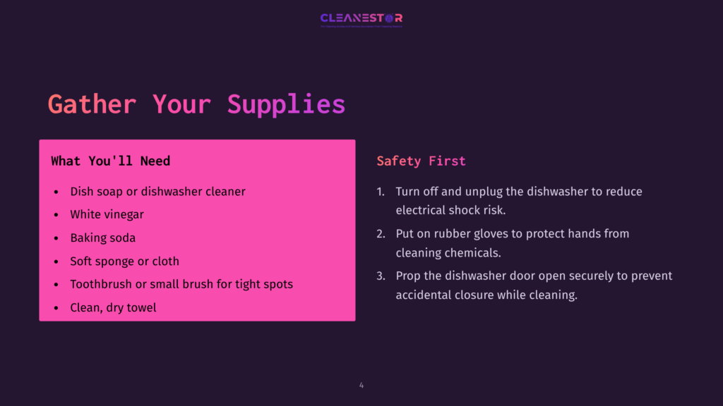 A Presentation Slide Titled &Quot;Gather Your Supplies&Quot; Lists Cleaning Items Like Dish Soap, Vinegar, Baking Soda, And A Toothbrush, Alongside &Quot;Safety First&Quot; Tips For Using A Dishwasher.