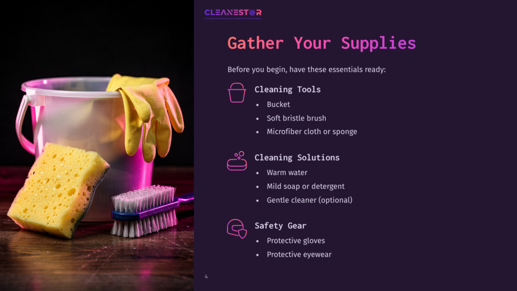 A Cleaning Supplies Still Life: A Yellow Sponge, A Pink Bucket, Yellow Rubber Gloves, And A Scrub Brush Are Arranged On A Dark Wooden Surface. The Text &Quot;Cleanestor&Quot; And &Quot;Gather Your Supplies&Quot; Are Visible.