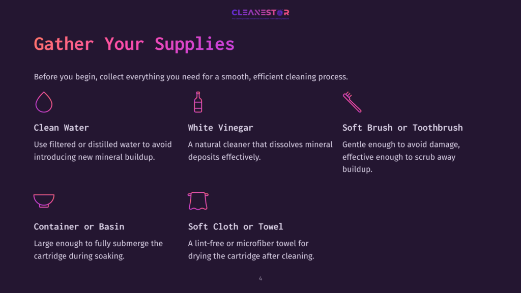 4 Gather Your Supplies 4 Illustration Of Supplies For Cleaning A Water Filter Cartridge: Clean Water Icon, White Vinegar Icon, Soft Brush Or Toothbrush Icon, And A Container Or Basin Icon, With Text Listing Each Item.
