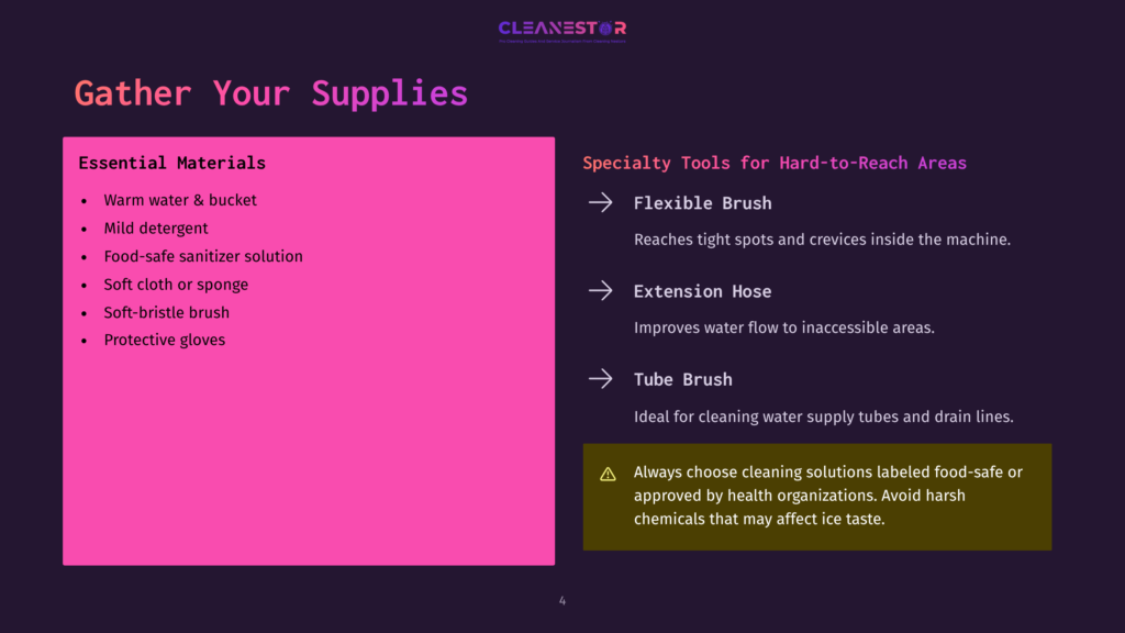 A Presentation Slide Titled &Quot;Gather Your Supplies&Quot; Lists Essential Cleaning Materials Like Warm Water, Mild Detergent, And Protective Gloves, And Specialty Tools Such As Flexible Brush And Tube Brush For Hard-To-Reach Areas.