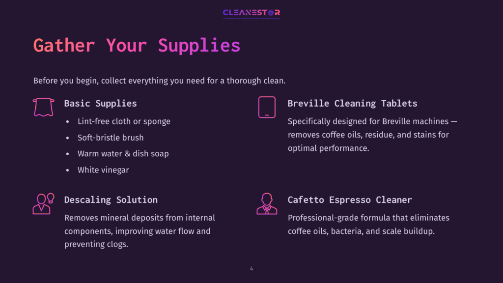 4 Gather Your Supplies 7 Graphic Listing Essential Breville Espresso Machine Cleaning Supplies: Lint-Free Cloth, Soft-Bristle Brush, Warm Water, White Vinegar, Descaling Solution, And Breville Cleaning Tablets.