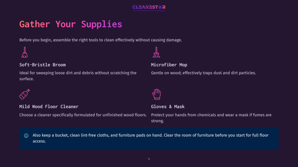 4 Gather Your Supplies 8 Illustration Of Cleaning Supplies: Soft-Bristle Broom, Microfiber Mop, And Gloves &Amp; Mask. Text Reads &Quot;Gather Your Supplies&Quot; And Lists Cleaning Tools.