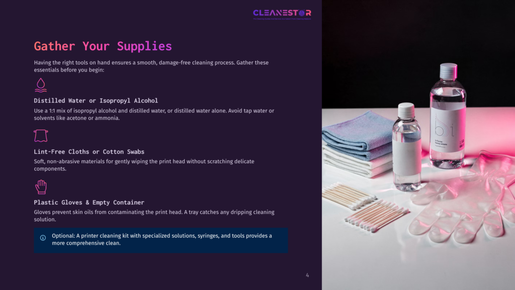 4 Gather Your Supplies 9 Cleaning Supplies Arranged On A Dark Surface: Microfiber Cloths, Cotton Swabs, Isopropyl Alcohol, And Disposable Gloves, With The Cleanestor Logo Visible.