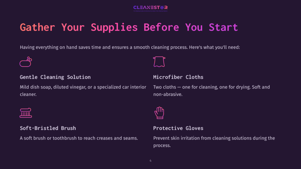 4 Gather Your Supplies Before You Start 1 Gather Your Supplies Before You Start Cleaning: Gentle Cleaning Solution, Microfiber Cloths, Soft-Bristled Brush, And Protective Gloves. Text Outlines Essential Car Interior Cleaning Tools.