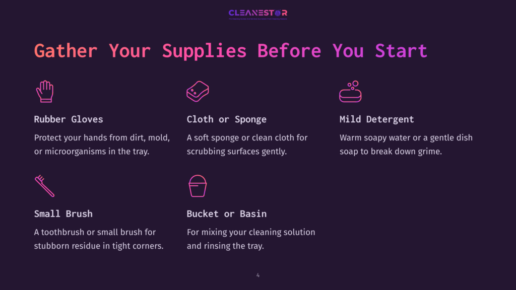 Purple Background With White And Pink Text Listing Cleaning Supplies: Rubber Gloves, Cloth Or Sponge, Mild Detergent, Small Brush, And Bucket.