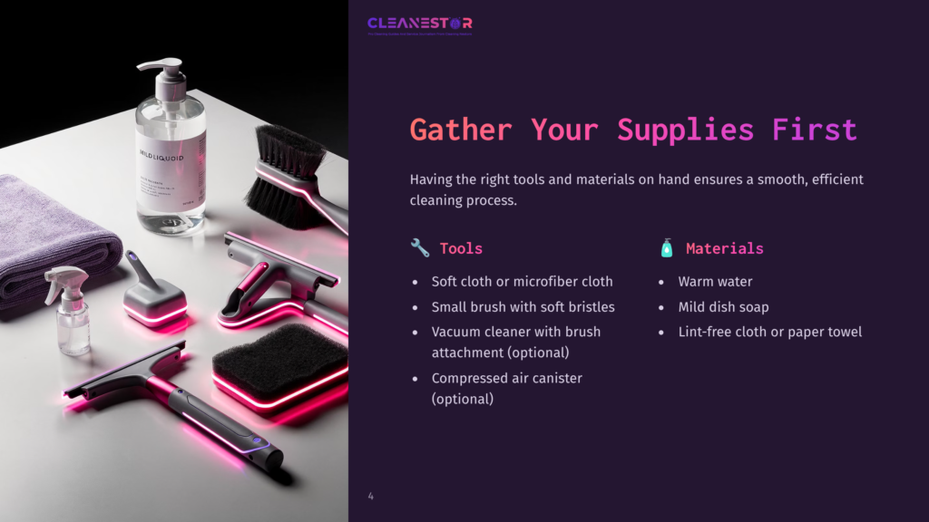 Array Of Cleaning Supplies On A Dark Background, Including A Spray Bottle, Cloths, Brushes, And A Vacuum Cleaner With Soft Attachments.