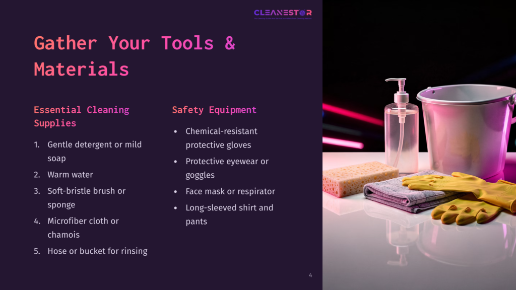 Tools And Materials For Cleaning, Including A Pink Sponge, Spray Bottle, Gloves, And Microfiber Cloth, Arranged On A Purple Background.