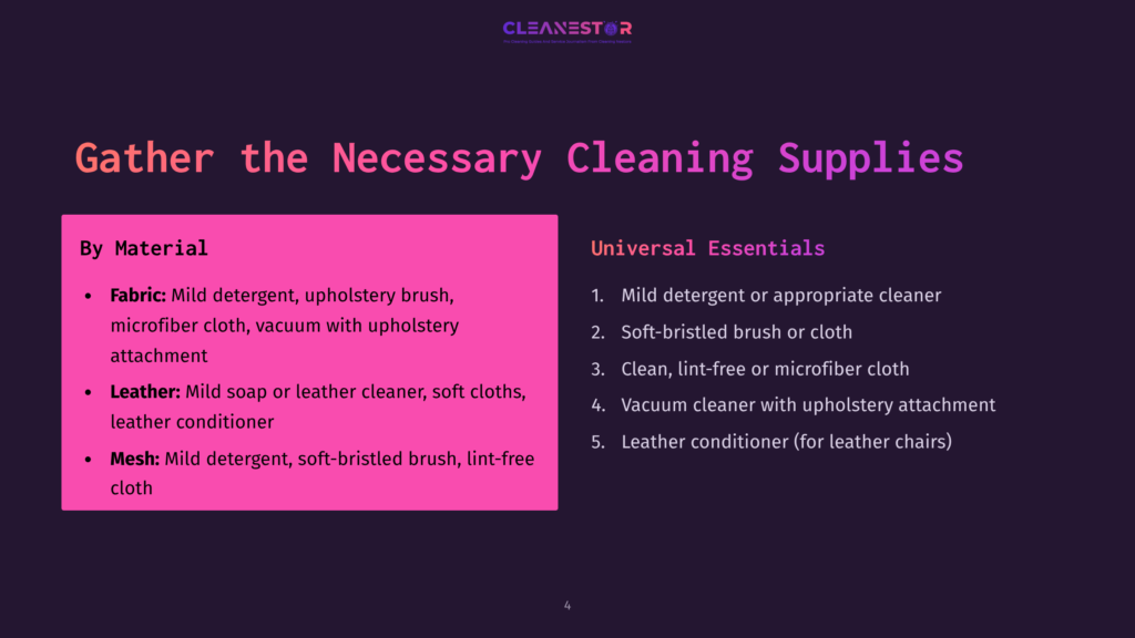 List Of Cleaning Supplies For Office Chairs, Highlighting Materials Like Fabric And Mesh In Pink And White Text On A Dark Background.