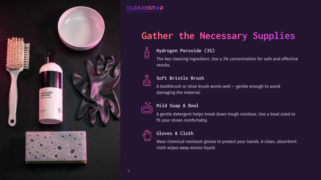 A Collection Of Cleaning Supplies Including A Bottle Of Hydrogen Peroxide, Black Chemical-Resistant Gloves, A Soft Bristle Brush, A Sponge, And A White Bowl, Arranged On A Dark Surface.