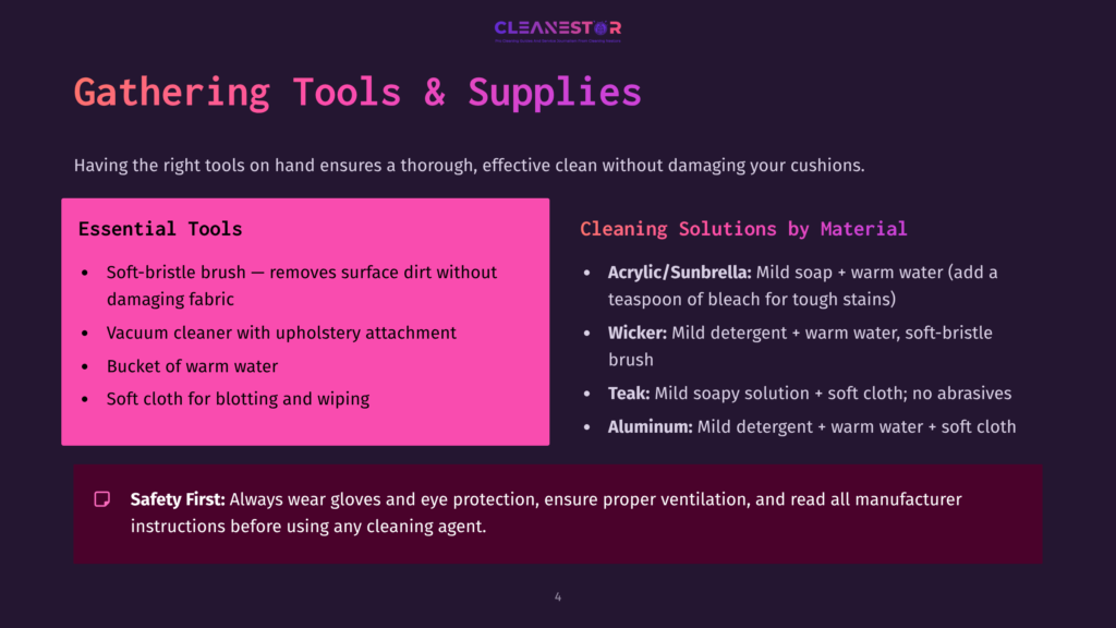 A Slide Titled &Quot;Gathering Tools &Amp; Supplies&Quot; Lists Essential Cleaning Tools Like Soft-Bristle Brushes And Microfiber Cloths, Alongside Cleaning Solutions Such As Mild Soap And Water, And A Safety Warning About Wearing Gloves.
