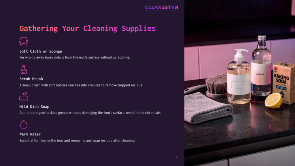 Gathering Cleaning Supplies: A Bottle Of Mild Dish Soap, A Scrub Brush, A Grey Microfiber Cloth, And A Bottle Of Vinegar Next To A Box Of Baking Soda. The Background Features A Dark Countertop And A Purple-Tinted Light.