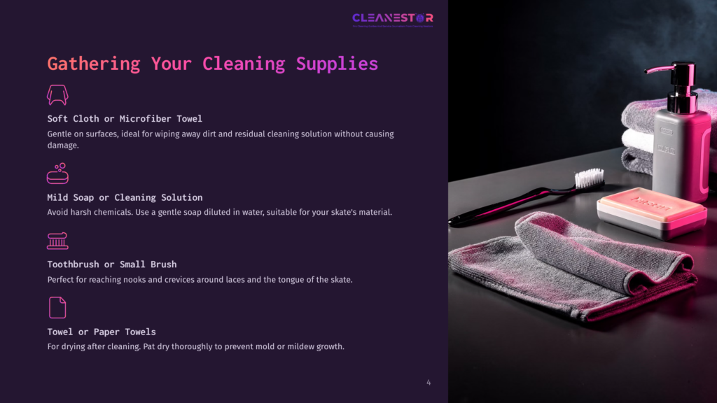 A Gray Microfiber Towel, A Pink Cleaning Bottle, A Toothbrush, And A Pink Brush Are Arranged On A Dark Surface, Against A Purple Background.