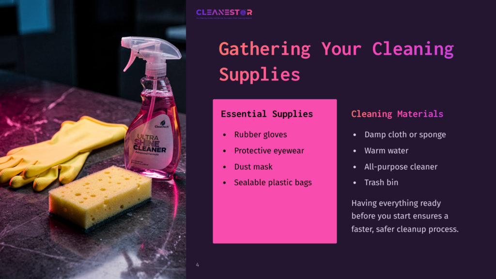 4 Gathering Your Cleaning Supplies 11 A Pink Bottle Of &Quot;Ultra Shine Cleaner&Quot; Sits On A Granite Countertop Next To Yellow Rubber Gloves And A Yellow Sponge, With A List Of Essential Cleaning Supplies And Materials Displayed On A Pink Background.