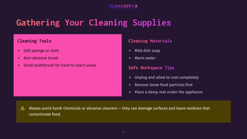 Presentation Slide Titled &Quot;Gathering Your Cleaning Supplies&Quot; With Sections On &Quot;Cleaning Tools&Quot; And &Quot;Cleaning Materials,&Quot; Including A Safety Warning About Harsh Chemicals.