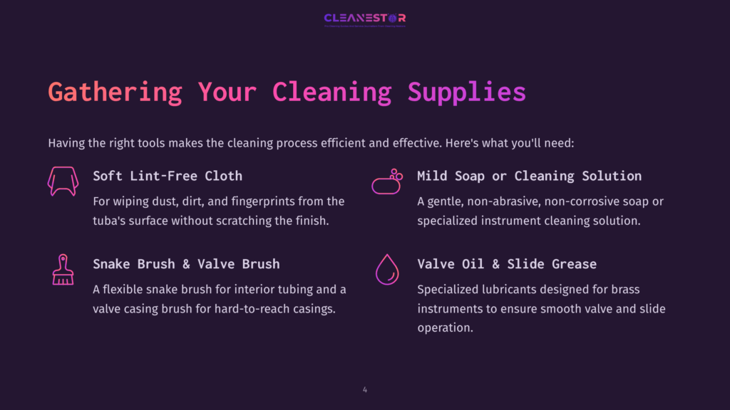 List Of Cleaning Supplies With Pink And Purple Text, Including A Cloth, Soap, Brush, And Valve Oil, Set Against A Dark Background.