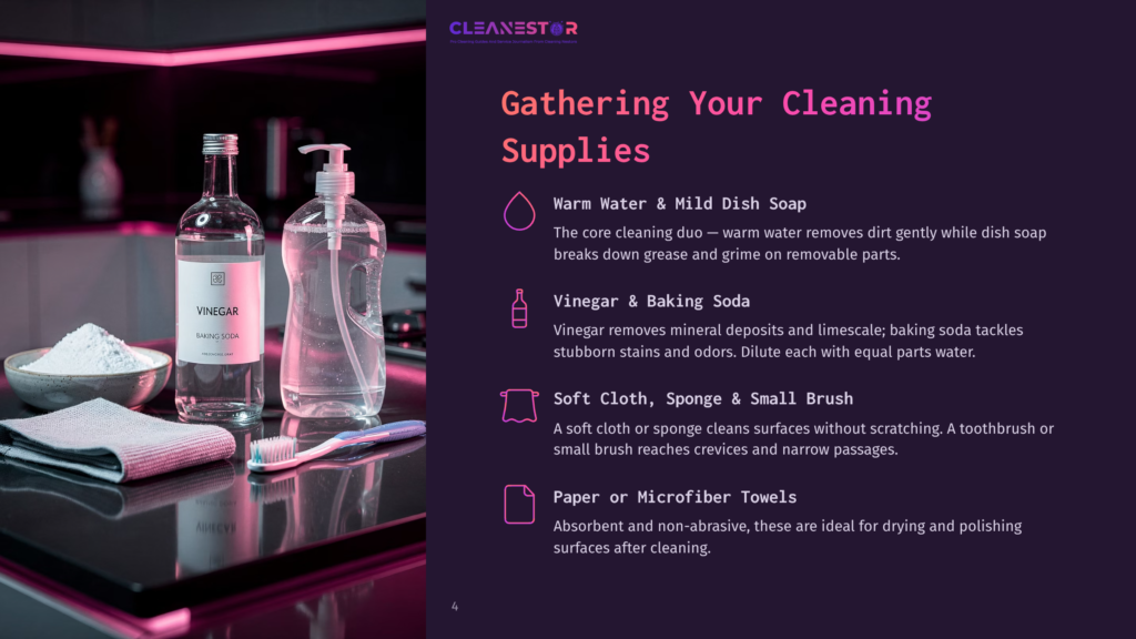 4 Gathering Your Cleaning Supplies 7 A Cleaning Supplies Setup Featuring A Bottle Of White Vinegar, A Bottle Of Baking Soda, A Sponge, And A Toothbrush On A Dark, Reflective Surface.