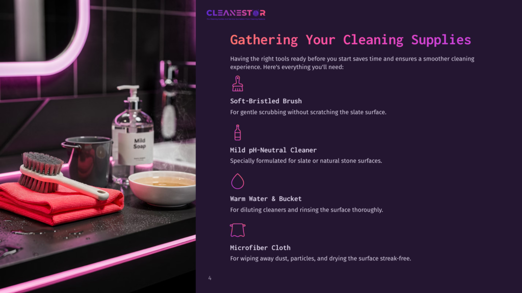Cleanestor Logo At The Top Of A Graphic Titled &Quot;Gathering Your Cleaning Supplies,&Quot; Listing Soft-Bristled Brush, Mild Ph-Neutral Cleaner, Warm Water &Amp; Bucket, And Microfiber Cloth.