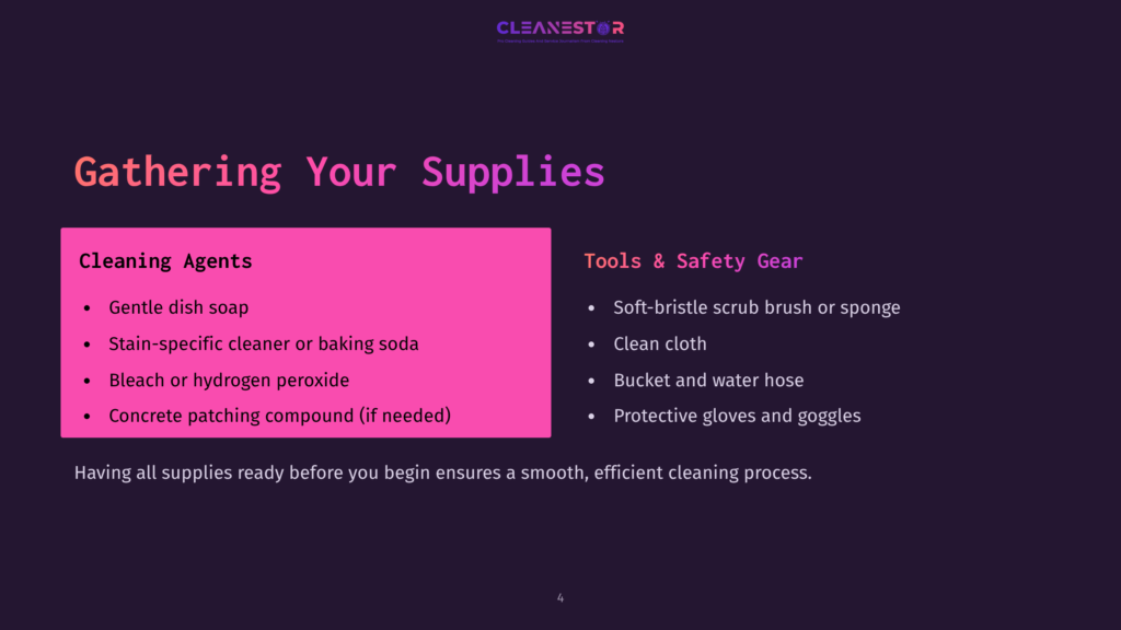 List Of Cleaning Supplies And Tools On A Dark Background, Featuring A Bright Pink Section Highlighting Cleaning Agents And Safety Gear.
