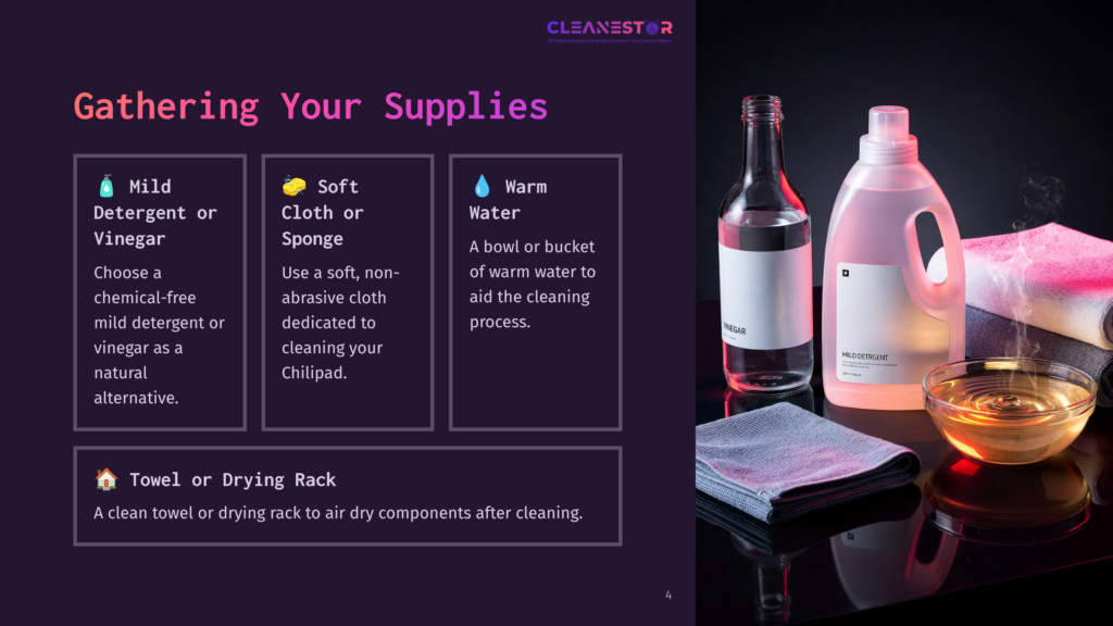 A Dark-Themed Layout Displays Cleaning Supplies: Detergent Or Vinegar, A Soft Cloth, Warm Water In Containers, And A Towel.