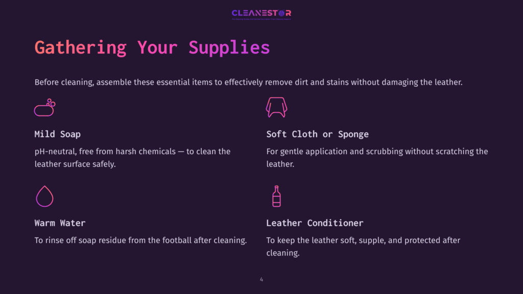 4 Gathering Your Supplies 3 Mild Soap, Soft Cloth Or Sponge, Warm Water, And Leather Conditioner Displayed On A Purple Background, Illustrating Supplies For Cleaning Leather.