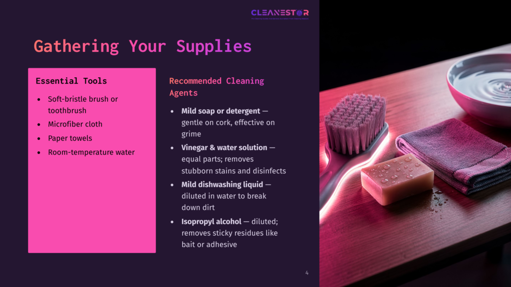 4 Gathering Your Supplies 4 A Cleaning Supplies Still Life Features A Pink Scrub Brush, A Bar Of Soap With Water Droplets, And A Folded Purple Cloth On A Wooden Surface, With A Bowl Of Water In The Background. The Image Also Displays Text About Gathering Cleaning Supplies.