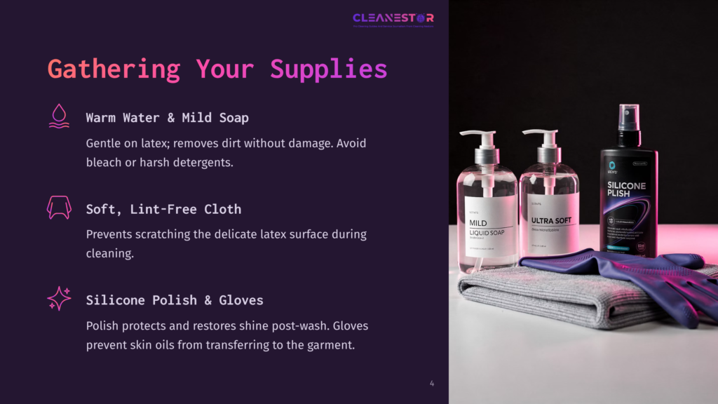Gathering Supplies For Garment Care: Bottles Of Mild Liquid Soap And Ultra Soft Silicone Polish Spray, Purple Cleaning Gloves, And A Grey Lint-Free Cloth Arranged On A Dark Surface.
