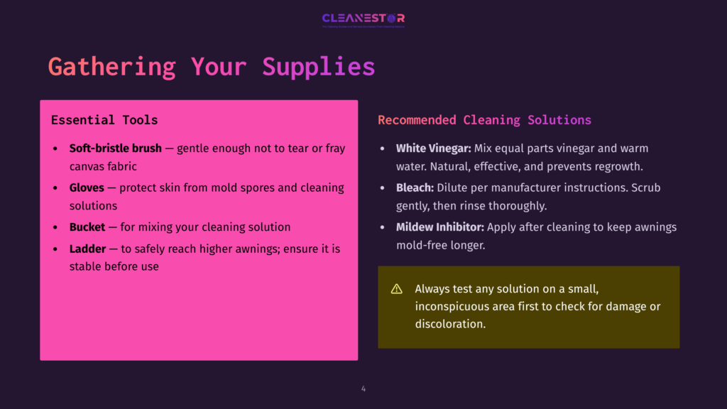 A Slide Titled &Quot;Gathering Your Supplies&Quot; Lists Essential Tools For Cleaning, Including A Soft-Bristle Brush, Gloves, Bucket, And Ladder, And Recommended Cleaning Solutions Like White Vinegar And Mild Inhibitor.