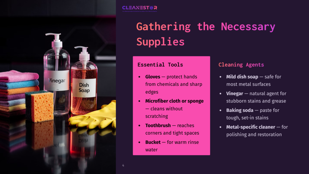 Two Soap Dispensers Labeled &Quot;Vinegar&Quot; And &Quot;Dish Soap,&Quot; Alongside Yellow Gloves, With A List Of Cleaning Supplies And Agents On A Dark Background.