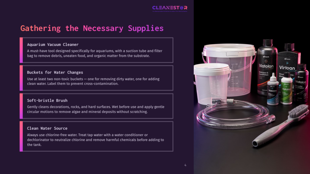 Aquarium Cleaning Supplies: Vacuum Cleaner, Buckets, Soft-Bristled Brush, And Water Conditioner On A Dark Background.