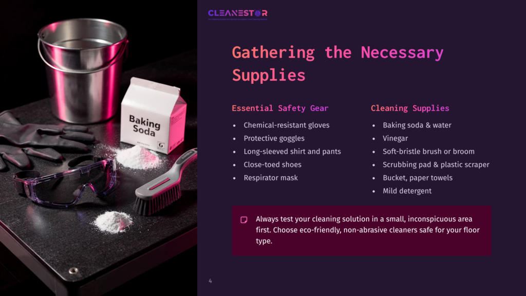 A Pink Bucket, A Bottle Of Vinegar, Baking Soda Box, Gloves, Scrub Brush, And A Towel On A Dark Surface, Surrounded By Spilled Powder.