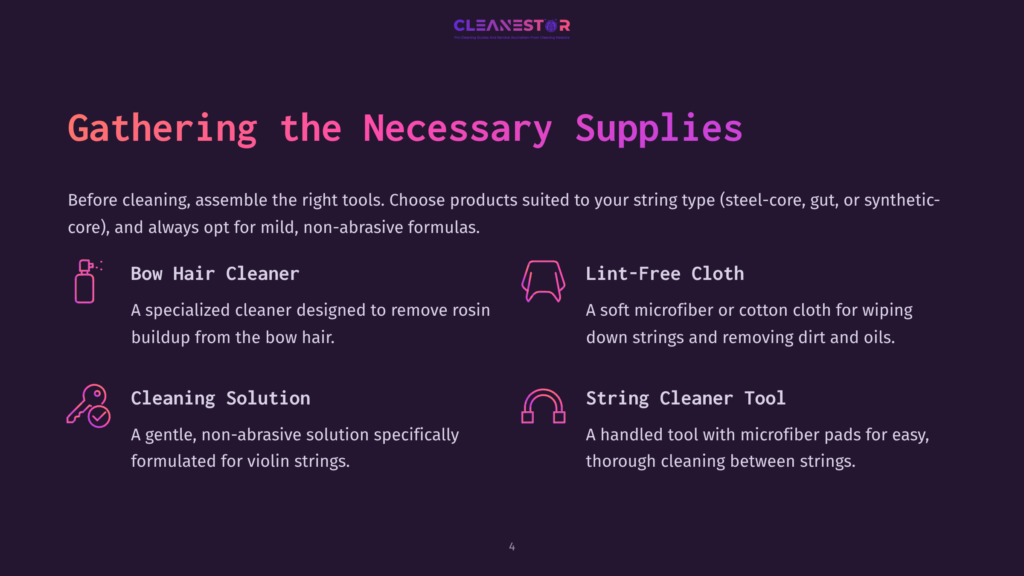 Illustration Detailing Necessary Violin Cleaning Supplies: Bow Hair Cleaner, Lint-Free Cloth, Cleaning Solution, And String Cleaner Tool, With Text Explaining Their Uses.