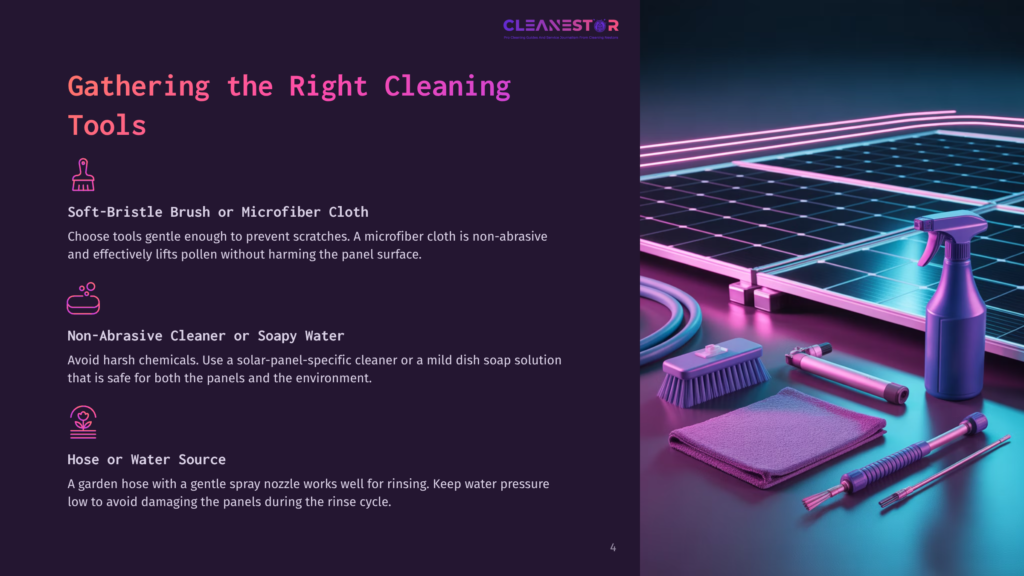 A Solar Panel Next To A Soft-Bristle Brush, Microfiber Cloth, Non-Abrasive Cleaner, And Water Hose, Set Against A Purple And Blue Background.