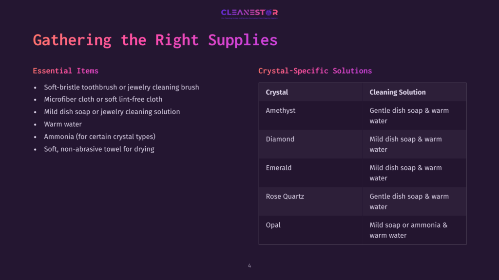 Supplies List For Cleaning Crystal Jewelry, Featuring A Purple Background With Essential Items And A Table Of Crystal-Specific Cleaning Solutions.