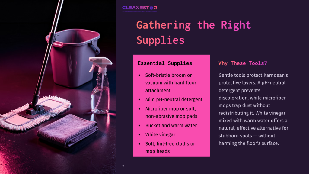 A Mop, Bucket, Cleaning Spray, And Cloths Arranged On A Colorful Background, Listing Essential Supplies For Cleaning Karndean Flooring.