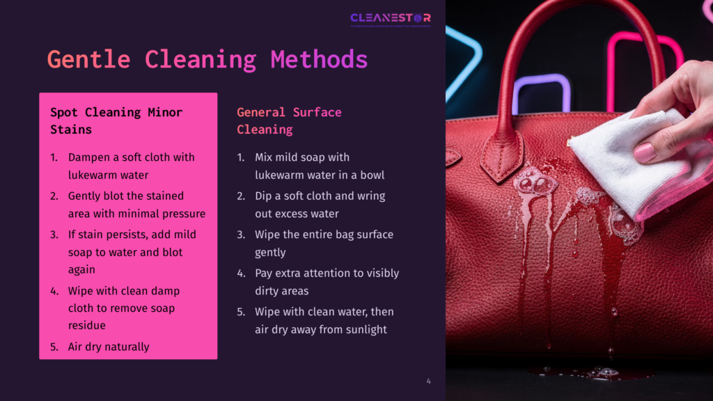 4 Gentle Cleaning Methods Red Dior Saddle Bag On The Left Dripping With Water, Alongside A Contrasting Purple Background With Cleaning Methods Outlined In Text.