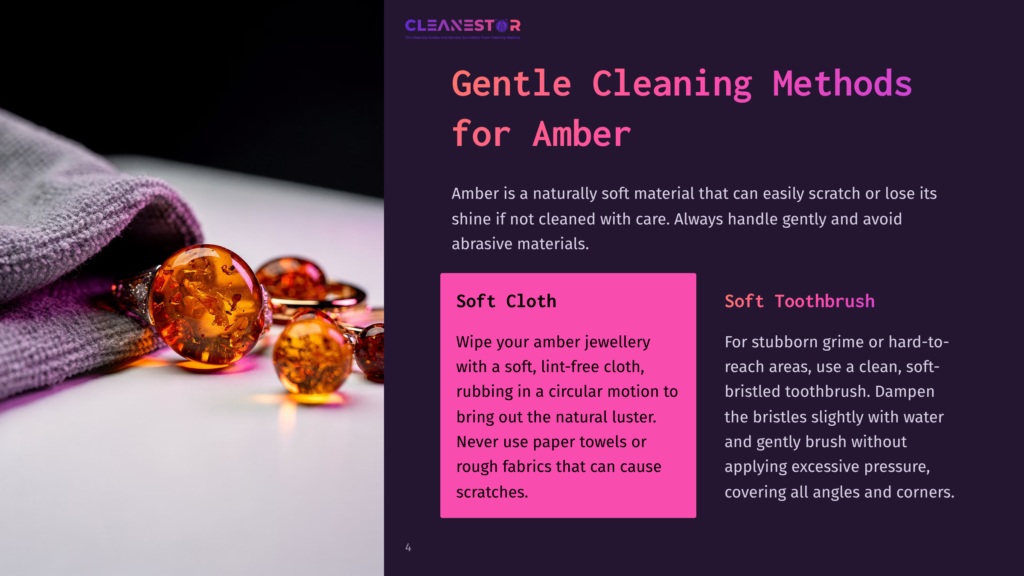 Amber Jewelry Pieces Are Displayed On A Soft Cloth, With Instructions For Cleaning Methods Highlighted In Purple And White Text.