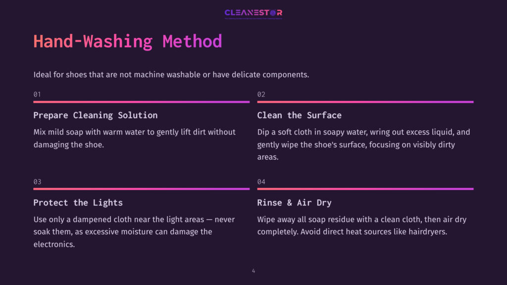 Instructions For Cleaning Light-Up Shoes, Featuring A Purple Background With White Text, Numbered Steps, And Icons For Visual Guidance.