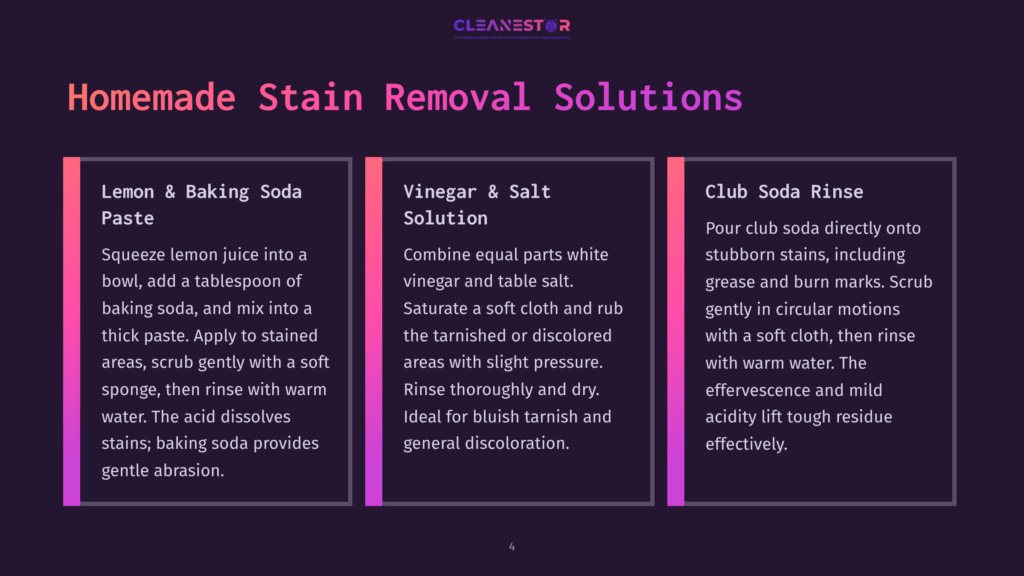 Three Panels With Homemade Stain Removal Solutions: Lemon &Amp; Baking Soda Paste, Vinegar &Amp; Salt Solution, And Club Soda Rinse, With Instructions For Each.