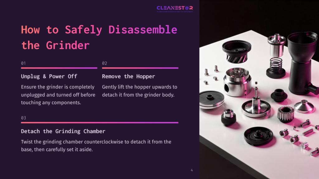 Disassembled Coffee Grinder Components Displayed On A White Surface, With Text Instructions In Purple And White Contrasting Against A Dark Background.